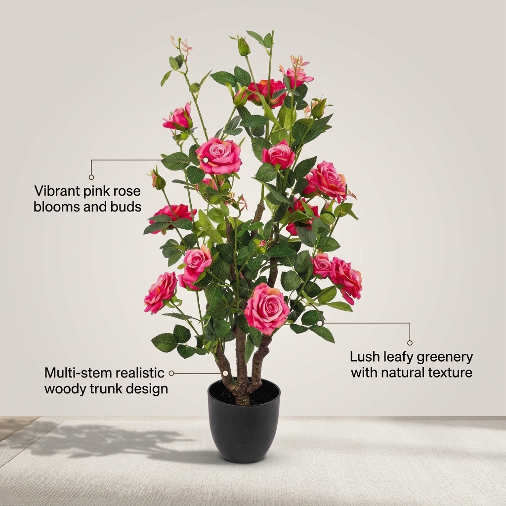 Premium Artificial Pink Rose Bush 95cm detail 5