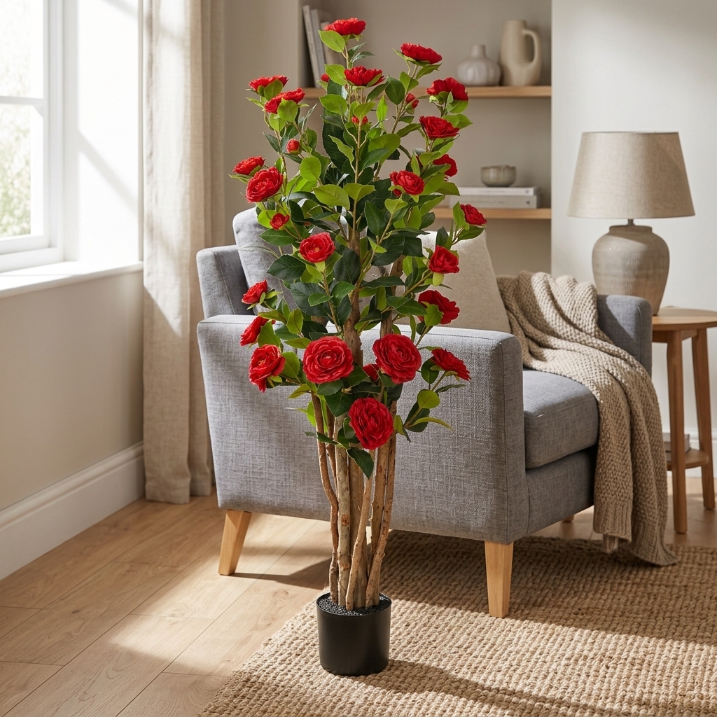Artificial Red Camellia Tree 126cm detail 2