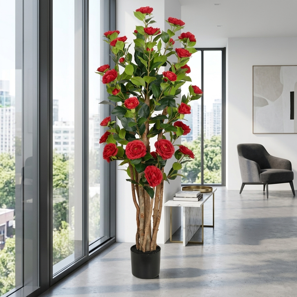 Artificial Red Camellia Tree 126cm detail 4