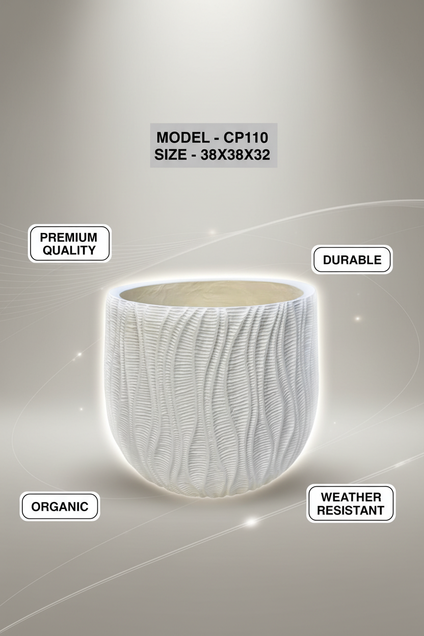 CP110 White Textured Fiber Pot - Modern Indoor Outdoor Planter 38x32cm