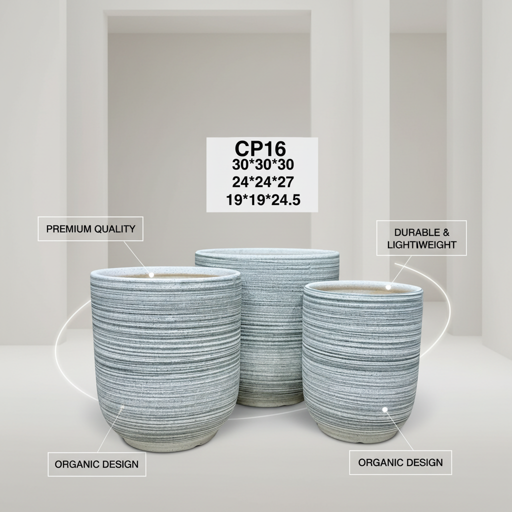 CP16 Modern Textured Planter Set | Grey & White Striped Pots for Indoor Outdoor Decor