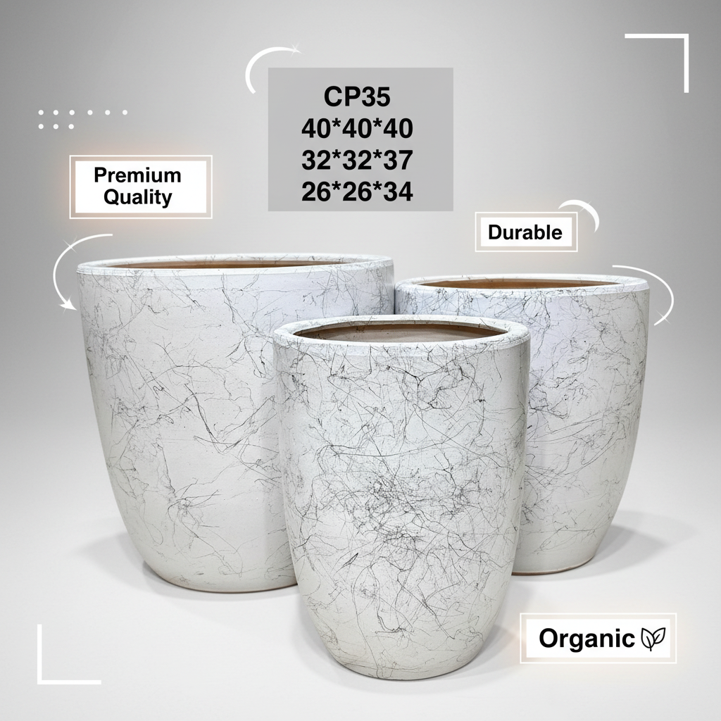 CP35 Modern White Marble Effect Ceramic Planter Pot - Indoor Outdoor