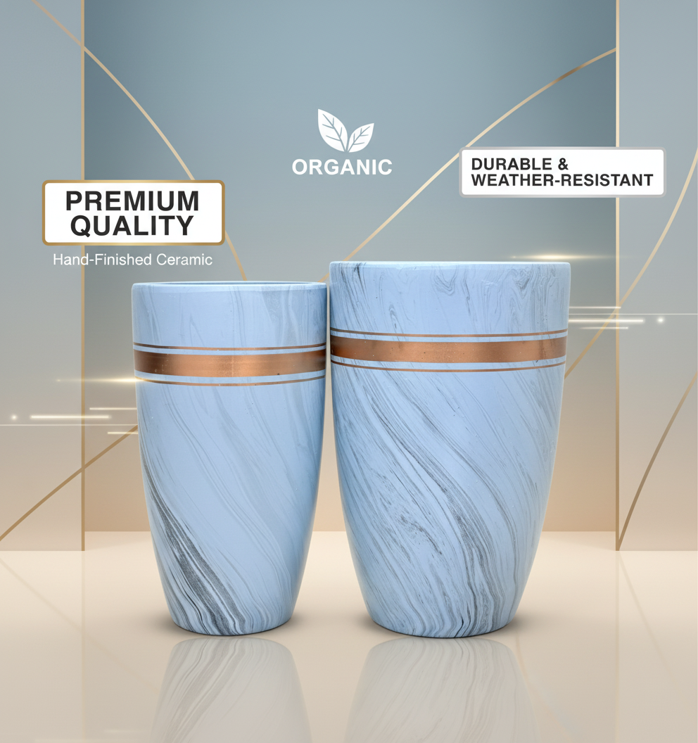 Elegant Marble Finish Ceramic Planter Set with Copper Bands - 60cm & 56cm Pots